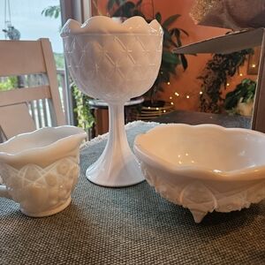 Lot of 3 Vintage Rare White Milk Glass Creamer, Compote & Bowl